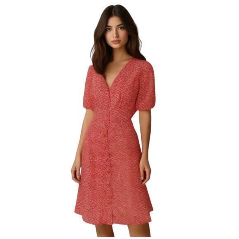 & Other Stories V Neck Puff Sleeve Button Front Floral Mini Dress in Red size 10
